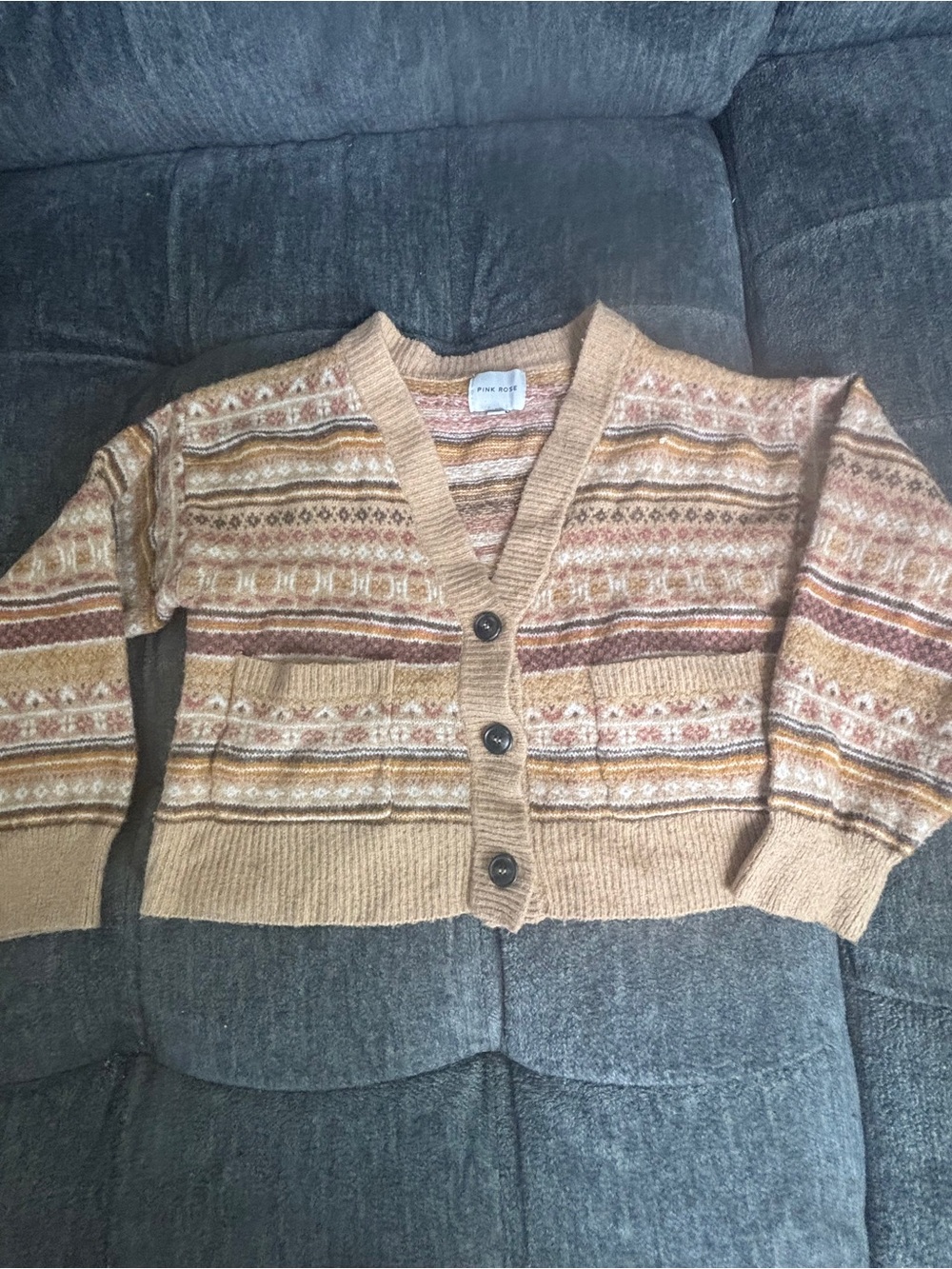 Pink Rose Camel Multicolor Fair Isle Button Cardigan